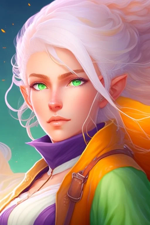 fantasy setting, woman ranger traveler with orange and white hair, pastel green eyes, kind, soft facial traits