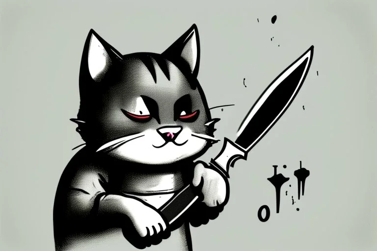 Cat diabolical smiling with a bloody knife with blood. Illustration.