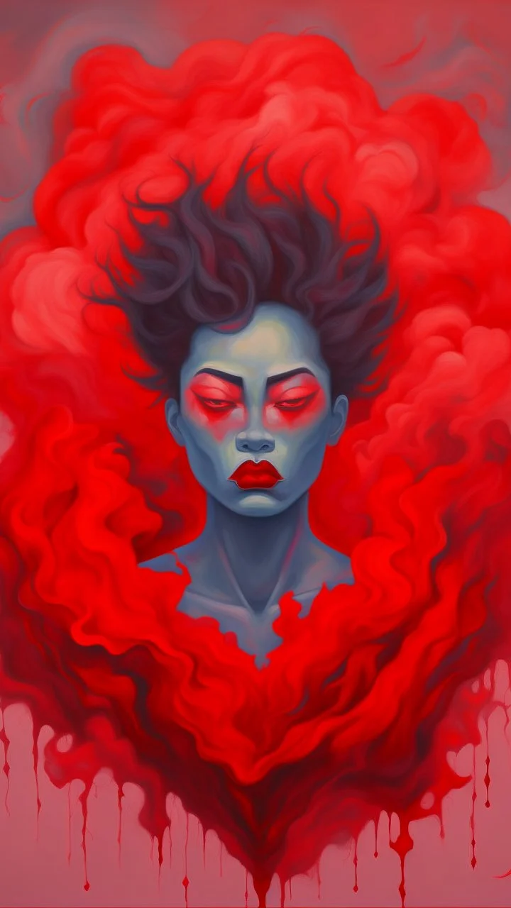 Painterly. Abstract. A girl face front view, A willowy androgynous human figure stands clothed in red silk raiments. Anomalous red cloud issuing forth from the heart. Simple yet majestic