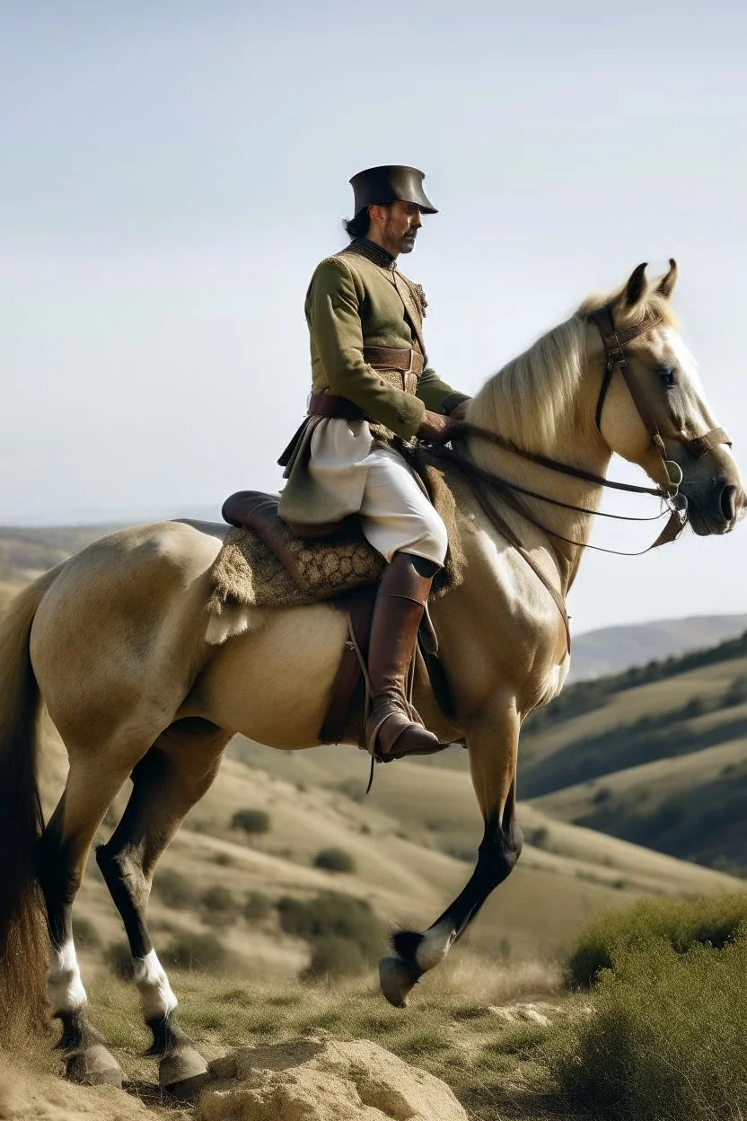 A person in an Andalusian military uniform riding a horse standing on a hill with his back