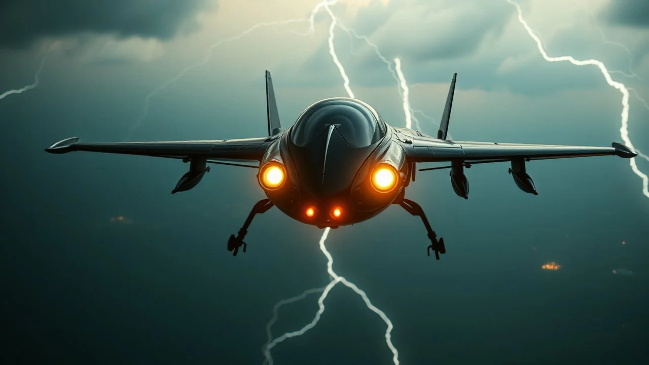 a high definition screen shot of a jet-fighter vw-beetle, retrofuturistic, phototrealism, in flight, one subject, thunderstormncc 1701 enterprise Macabre Rapture End of days Revelation scene,