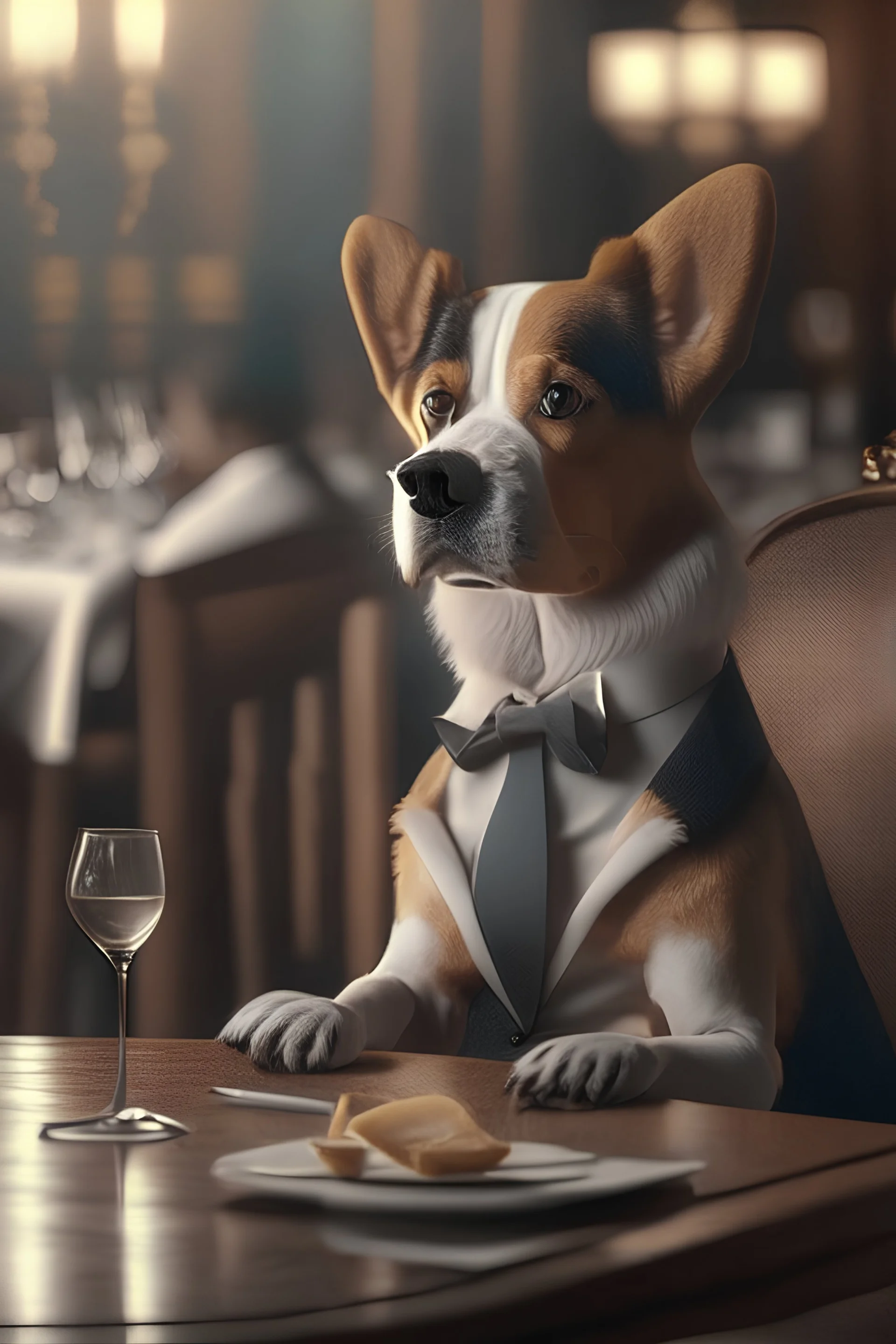 A very cut dog in an elegant suit sits at a table in a five-star restaurant eating realistic photo cinematic