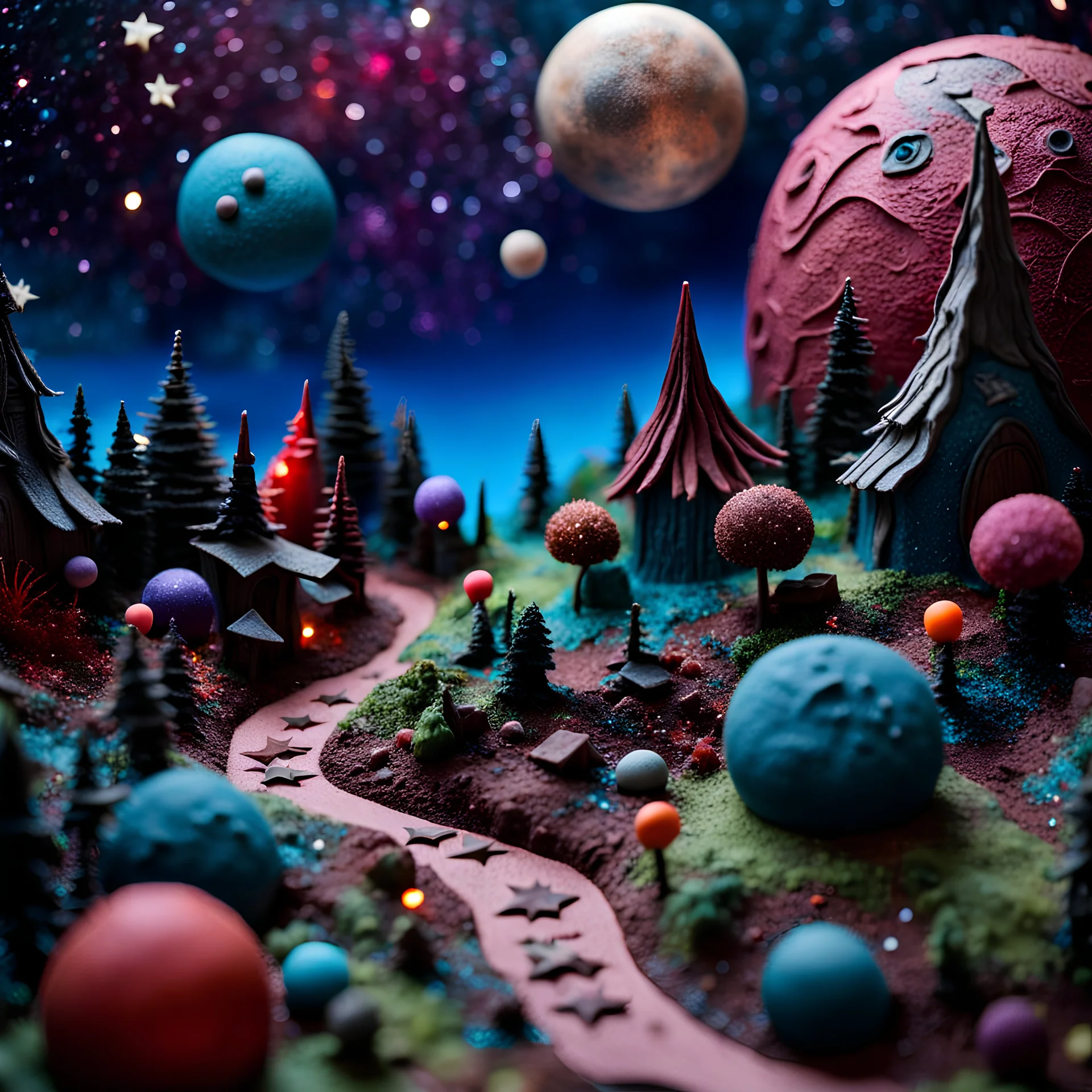 Detailed creepy landscape made of modeling clay, village, stars and planets, Roger Dean, naïve, Tim Burton, strong texture, Ernst Haekel, extreme detail, Max Ernst, decal, rich moody colors, sparkles, bokeh, odd