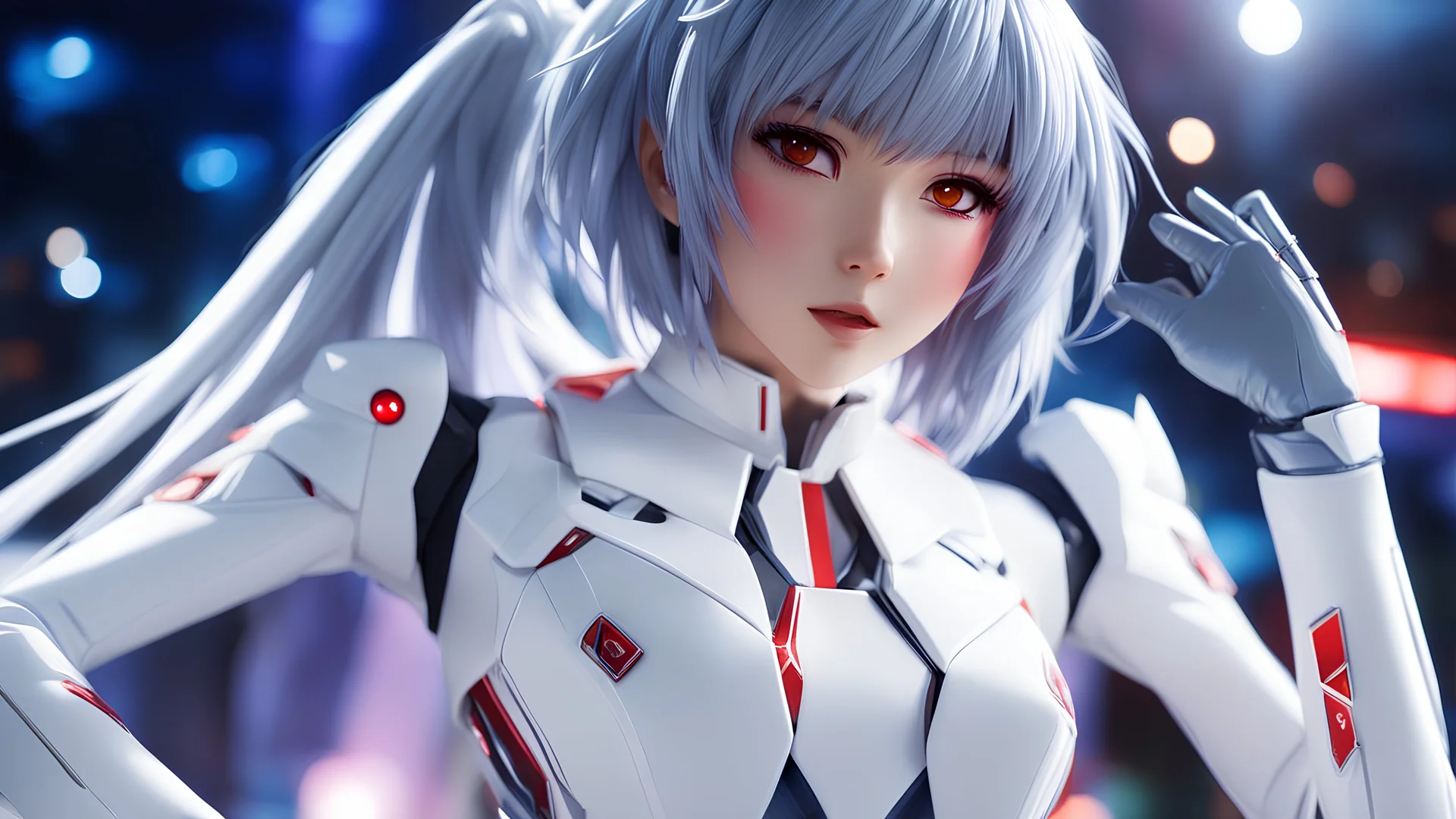 (best quality, masterpiece, colorful, dynamic angle, highest detailed)(\Rei Ayanami\), upper body photo, fashion photography of cute girl (\Rei Ayanami\), red eyes, dressing high detailed Evangelion white suit (high resolution textures), in dynamic pose, bokeh, (intricate details, hyperdetailed:1.15), detailed, moonlight passing through hair, (fantasy colors background, official art, extreme detailed, highest detailed), HDR+