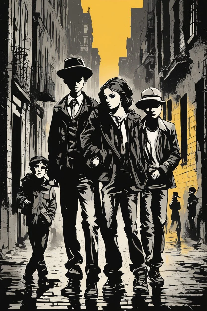 Design a detective book cover for teenagers. A teenage girl in the centre, one boy on her left, and one on her right are on the town street. Black cat. Banksy style, pop art style, dark mood