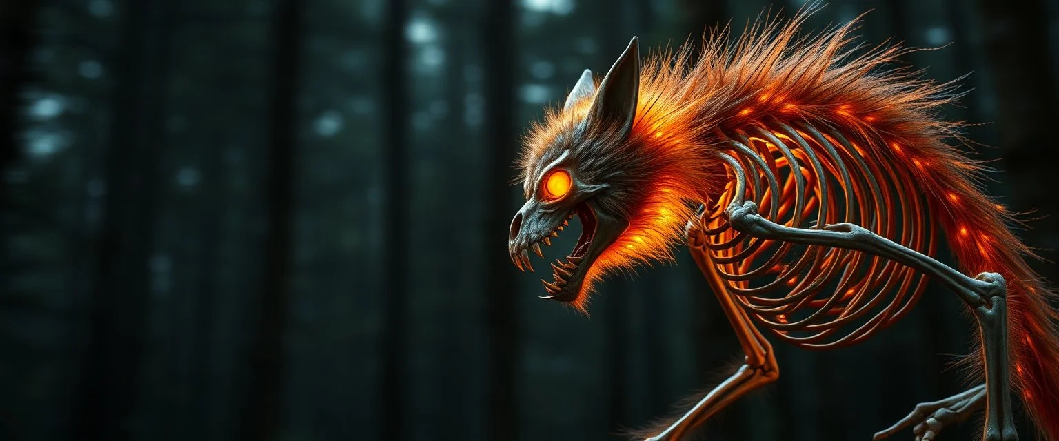 radiant Werewolf Skeleton with lotsa fluffy fur, motion blur background dark forest