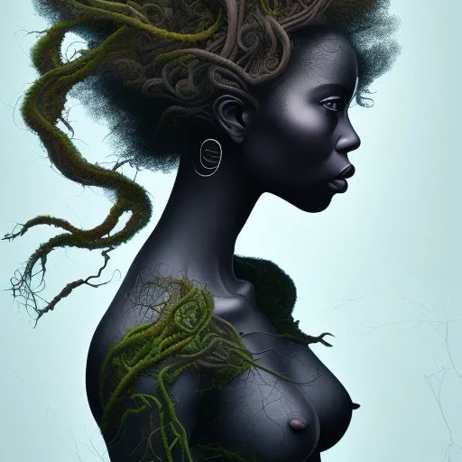 Painting .the face of A young black woman. A wood nymph emerging from the forest. Her hair looks like vines. Dreadlocs. Her skin is the colour of dark soil. Her skin looks like tree bark. Her clothing is made of vines, grass and leaves.