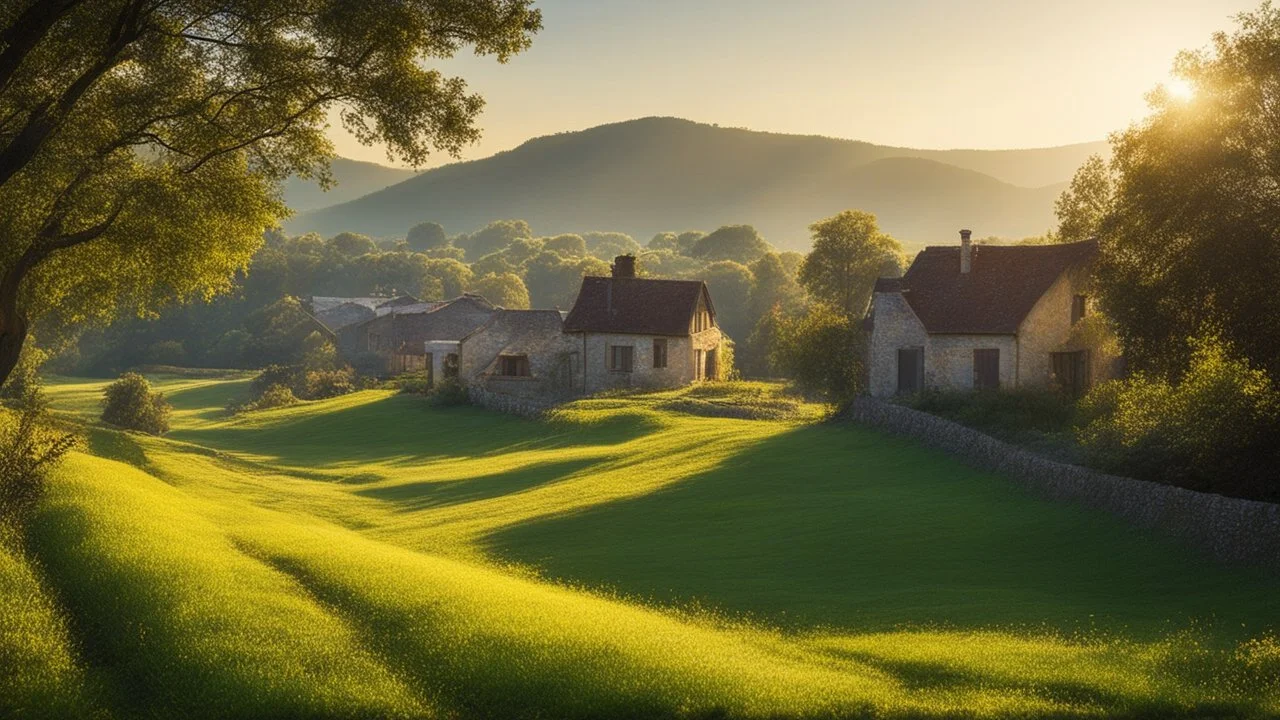 Beautiful realistic rural landscape, warm sunshine, lush plant growth, human habitation, peaceful, delightful, idyll, award-winning photograph, chiaroscuro, detail, beautiful composition, attractive colour