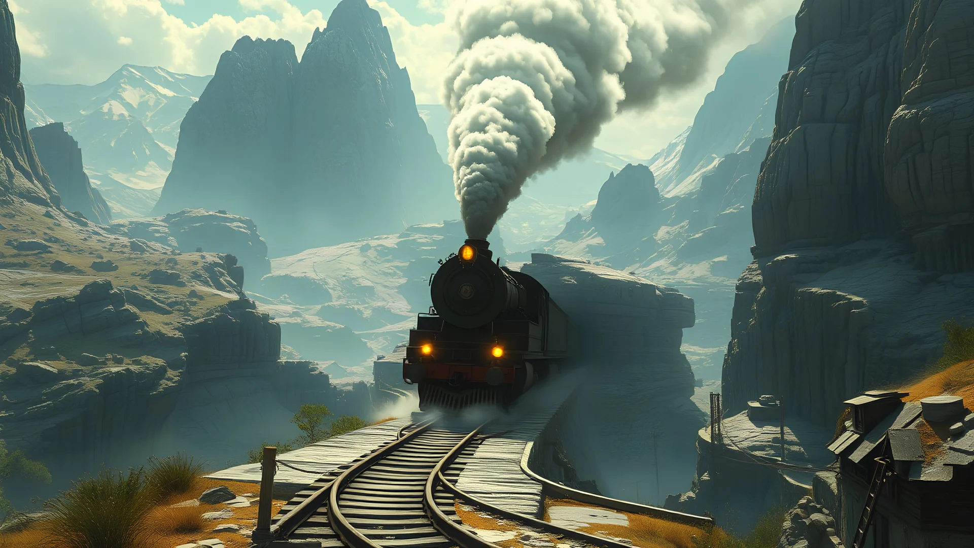 Steam train hurtling through an expansive, detailed landscape, integrating styles of Greg Rutkowski, Loish, Rhads, Beeple, Makoto Shinkai, Lois van Baarle, Ilya Kuvshinov, Rossdraws, Tom Bagshaw, Alphonse Mucha, crafted in Unreal Engine, bathed in global illumination, creating a detailed and intricate environment, ultra-realistic, digital painting, unreal engine, greg rutkowski, loish, rhads, beeple, makoto shinkai and lois van baarle, ilya kuvshinov, rossdraws, tom bagshaw, alphonse mucha