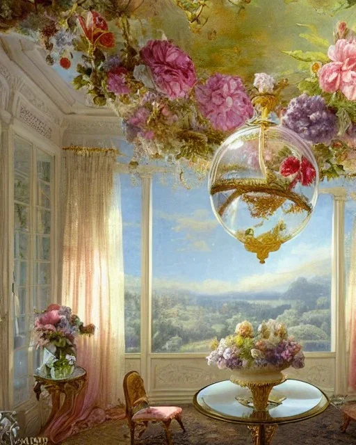 Glass globe with a large botanical victorian room with many pastel flowers, garlands on ceiling and walls, gauzy curtains, rococo, renaissance, 8k resolution, ultra fine detail, high-quality, dreamlike, fantasy, matte painting, dynamic lighting, atmospheric, baroque, john wainwright, harold clayton, flora yukhnovich