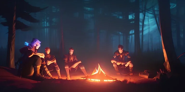 Adventurers resting around a campfire in a forest clearing at night, starry sky, dark fantasy, high detail, high definition, big adventuring bags