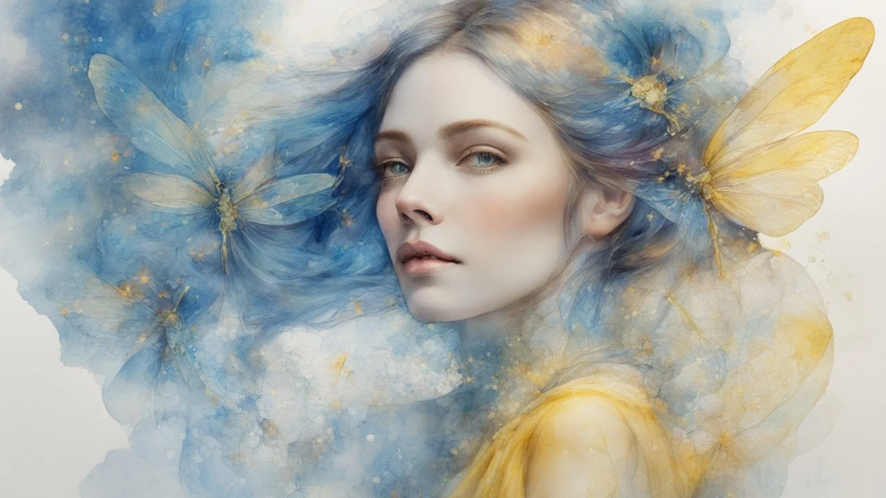 Victorian era, watercolor drawing, double exposure, fine rendering, portrait of a beautiful woman 30 years old, airy transparent dress, double exposure, dragonflies, fantasy, blue, yellow, flowing hair, highlights, sparkles, clear lines, detail, fine drawing, high resolution , 8K, photorealism, precise focus,