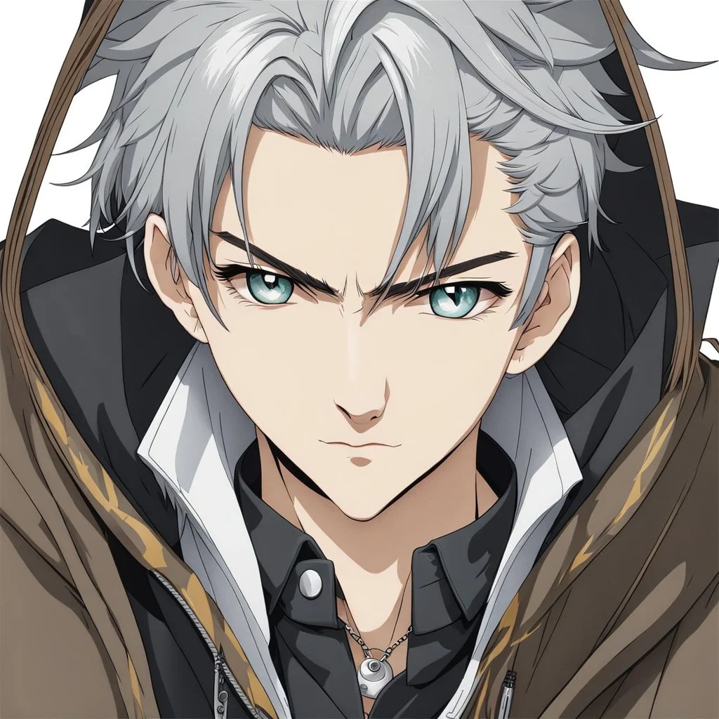 A stunningly detailed (((headshot portrait))), capturing the essence of a young man in his 20s with silver hair and piercing gray eyes, exuding a sense of confidence and protection, anime realism style