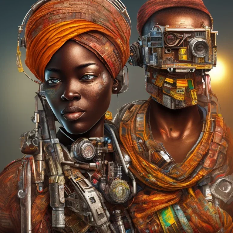 african portrait in rusted clocks, rust, scaffolding, ghana colours, cyberpunk, high detail