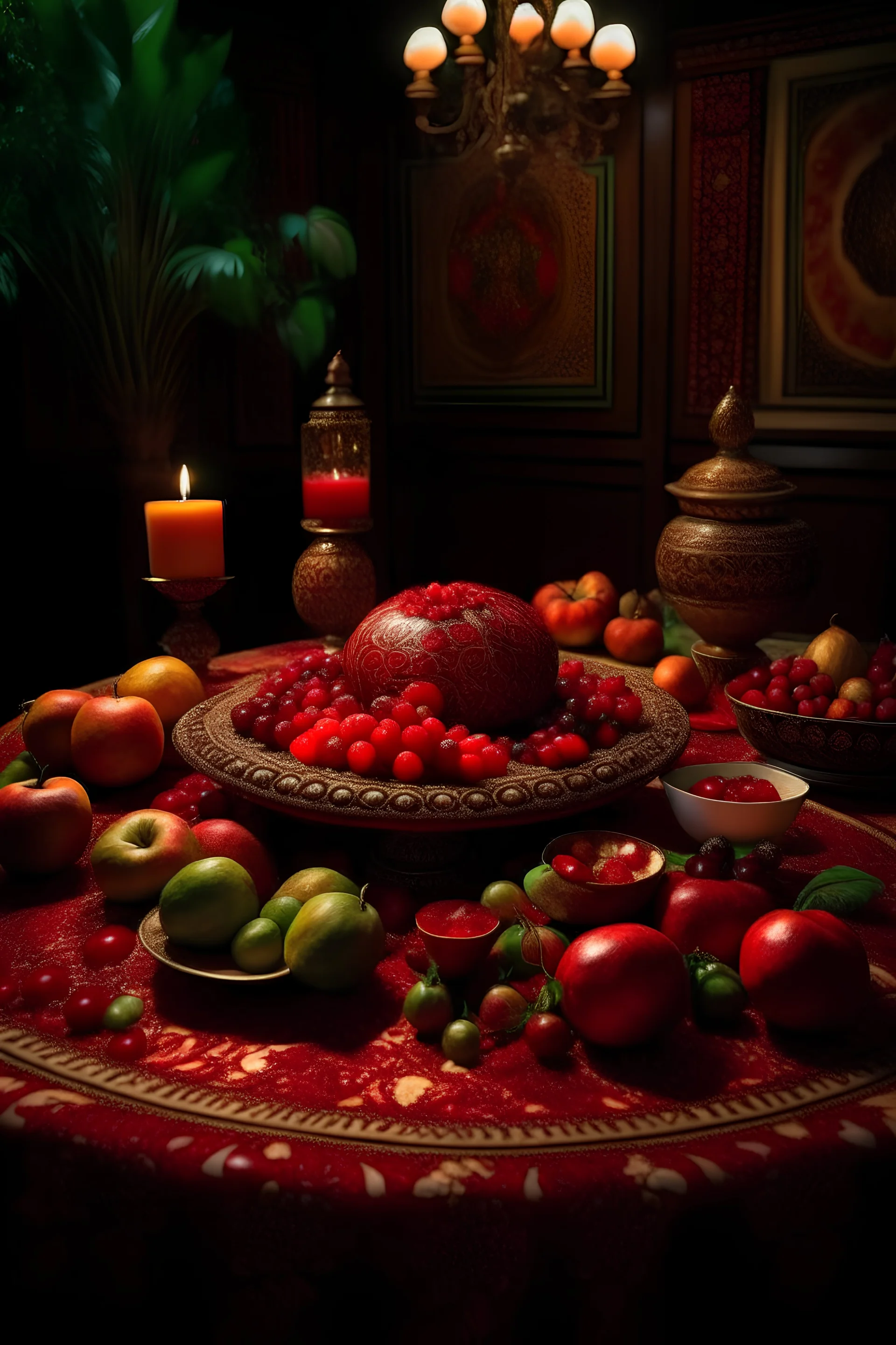 "Imagine a captivating scene for a Yalda Night celebration in an Iranian home. Envision a radiant pomegranate at the heart of an exquisite table, its red skin gleaming under soft candlelight. The table, adorned with fruits and sweets, sits above a Tormeh, releasing enticing aromas. Beside it, a beautifully carved Korsi exudes warmth, inviting laughter and storytelling. Capture the essence of Yalda Night with vibrant details, creating an image that reflects the richness of Persian culture and th