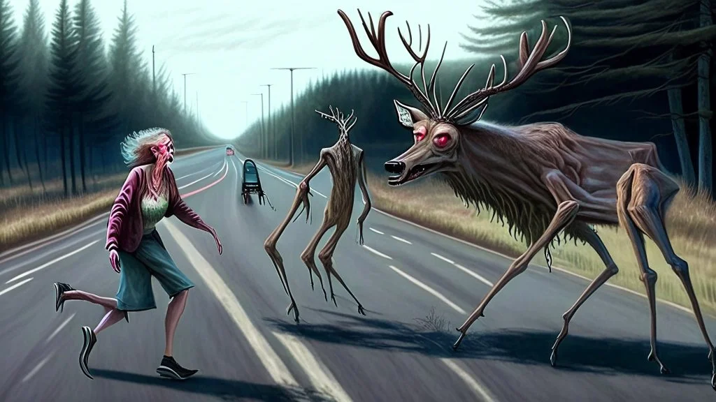 the deceased deer resurrects as an evil lovecraftian deerchad and chases an older drunk lady down the I90 highway