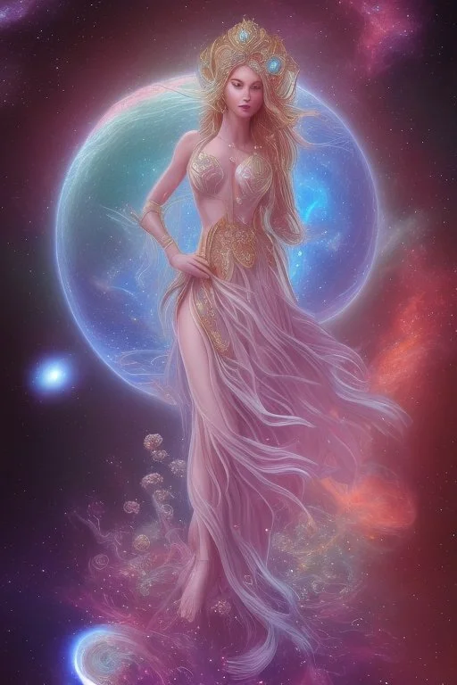 Create an image of a full body cosmic Goddess. The goddess should be depicted as a beautiful and powerful figure, surrounded by cosmic stars. Her hair should be long, blond and flowing, and she should be dressed in a flowing gown blue celestial robe. In the background, include imagery of pink flowers, blue sky,trees. The image should evoke a sense of joy, celebration, and spiritual connection to nature.