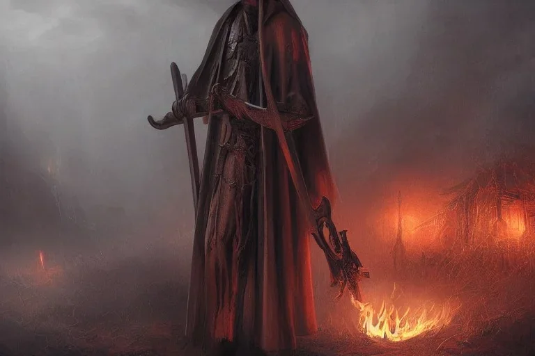 Church executioner, Fire theme art, Dark moody night atmosphere, 8K, high body details, anatomically perfect bod