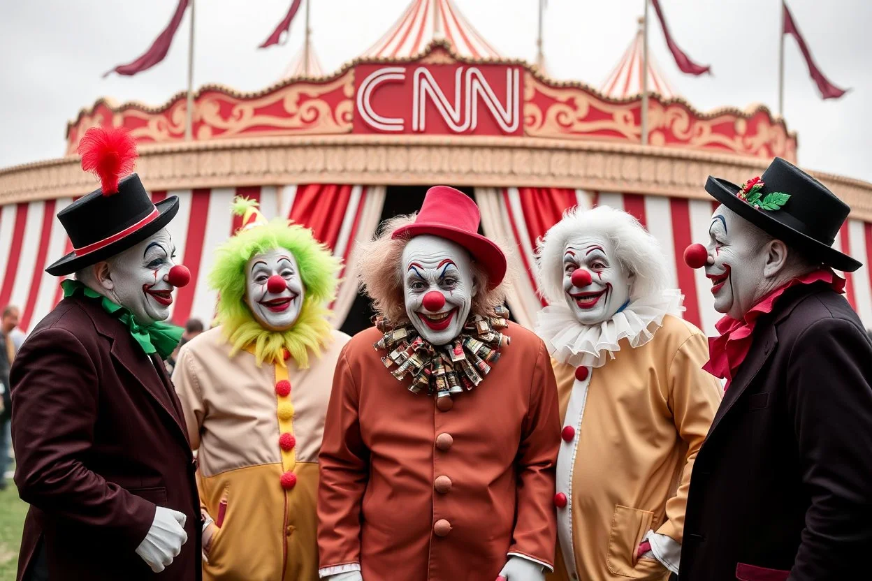 a group of clowns in front of the circus with a CNN logo