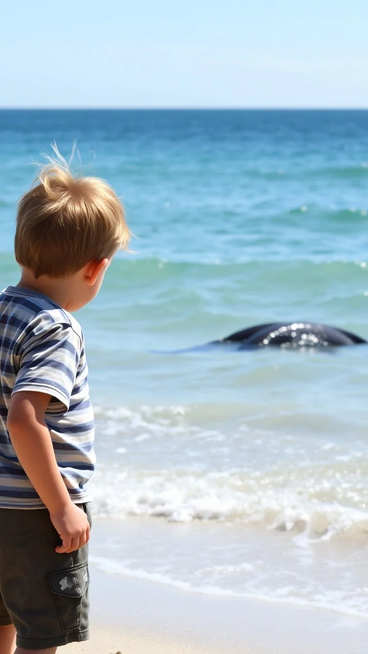 A child and his poppy standing by the beach watching the dolphins in the ocean