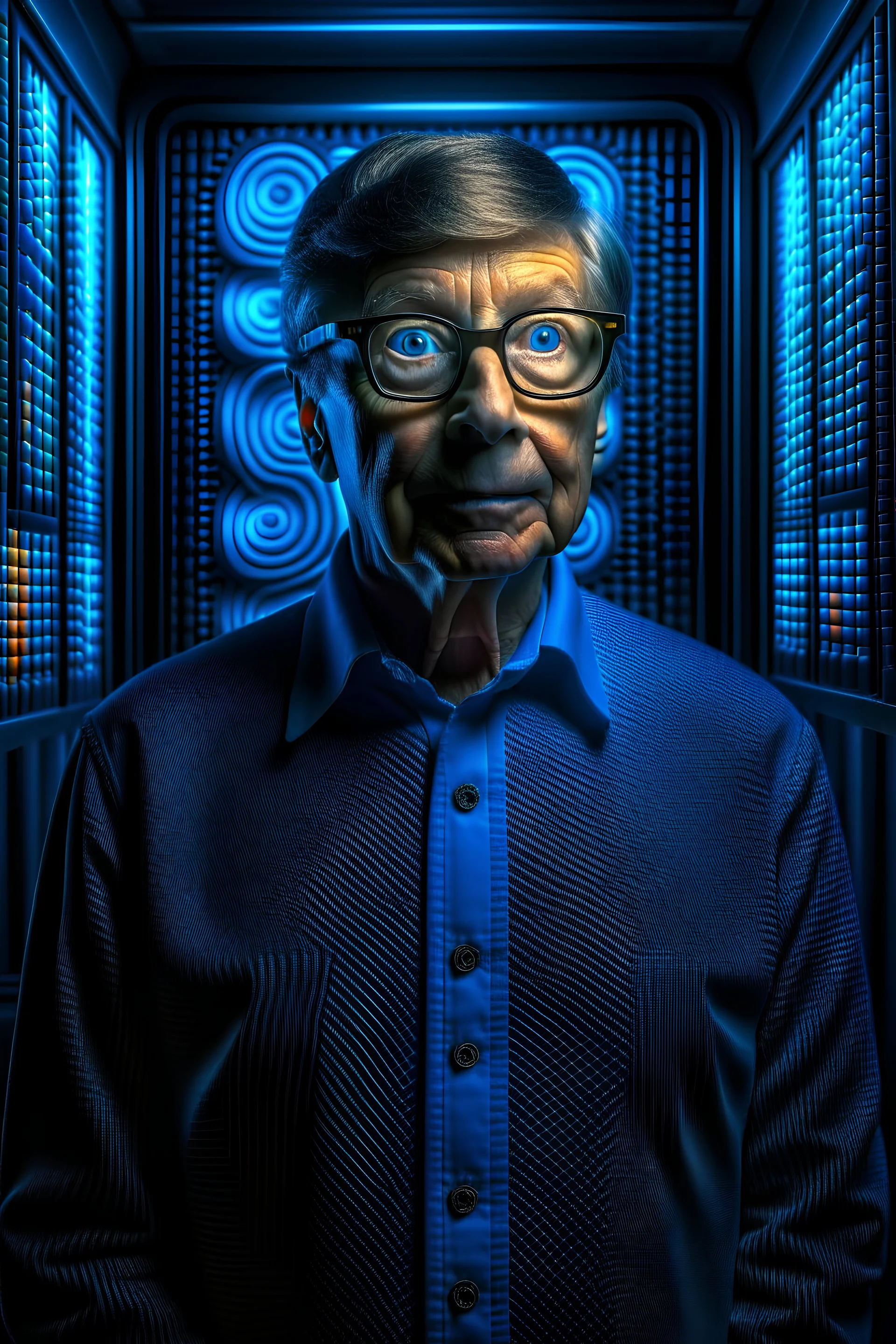 portrait of bill gates holding a dna patent in the style of giger, spray paint, photo realism, trending on art station, 8k, depth of field, down light, light rays, volumetric, white hall in spaceship, blue, brown and orange