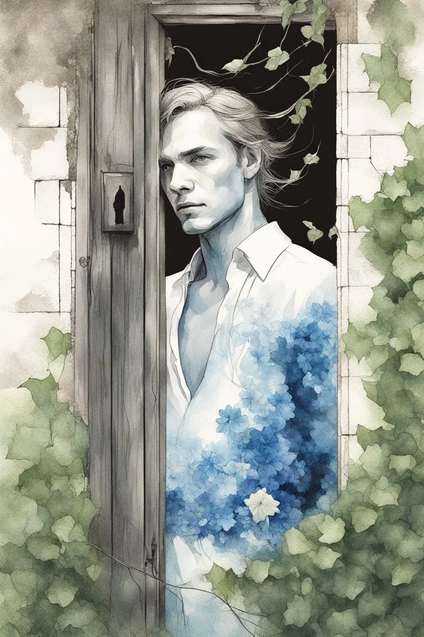 b&w sketch art, close up white man in a blue vintage dress, background old wooden door, overgrown with green ivy with blue flowers, cracks, brick, sepia, watercolor, by Ryohei Hase, Agnes Cecile, Raymond Swanland, Anne Bachelie