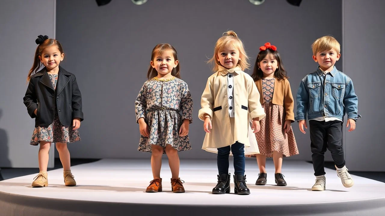 a luxury fashion show of 3-5 old years children showing modern clothing
