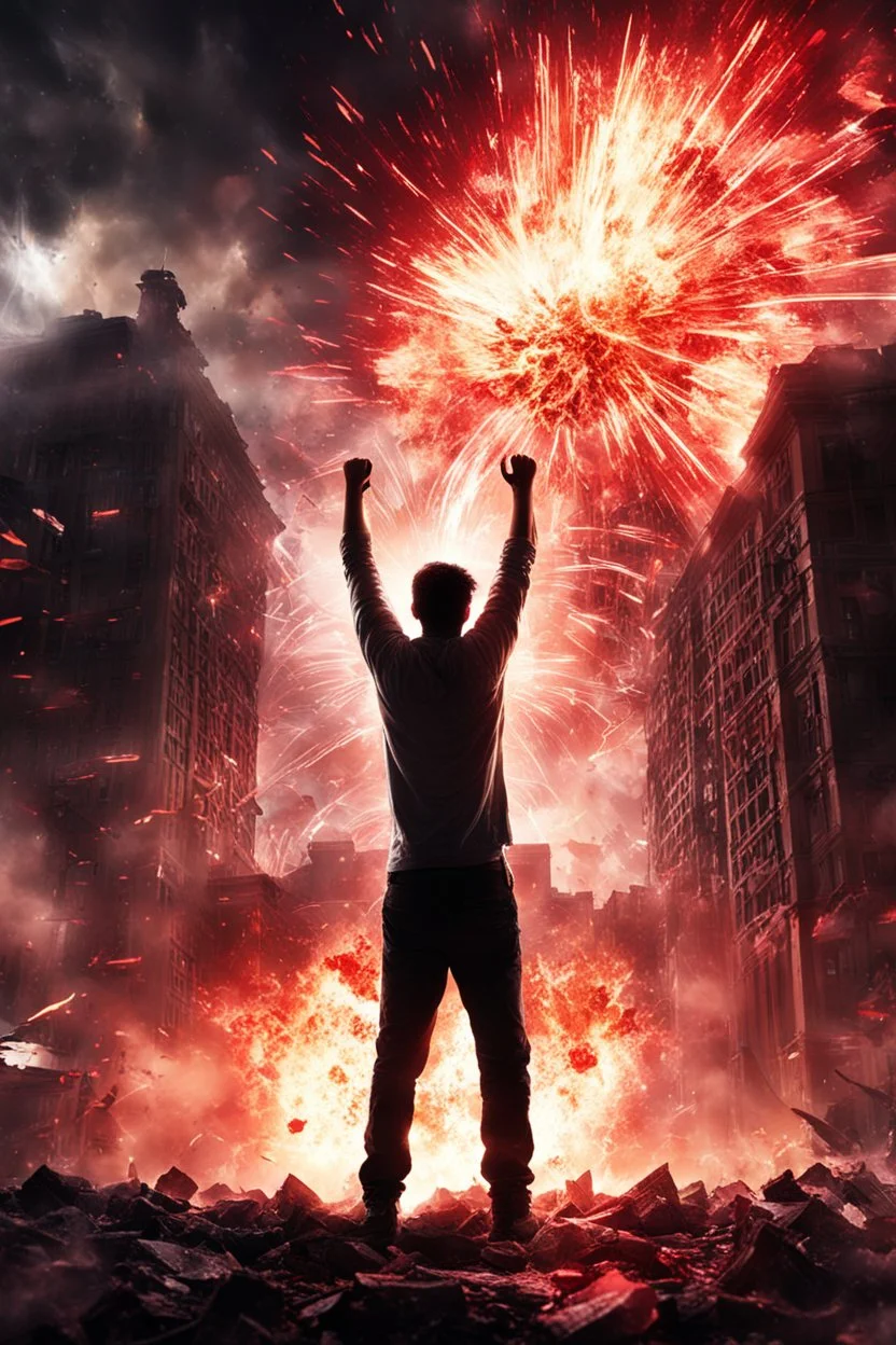 Young man standing, with arms raised, in front of an exploding building at night, with red auras around him