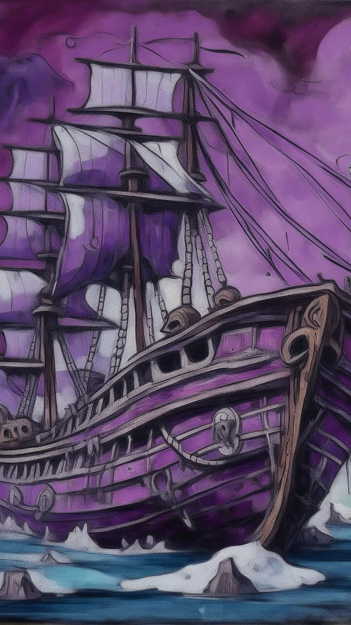 A purple undead pirate ship painted by Edvard Munch