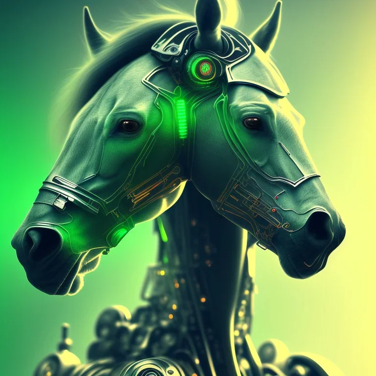 A beautiful portrait of a cyborg horse green color scheme, high key lighting, volumetric light high details psychedelic background