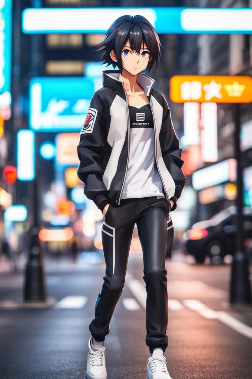a full body anime driving byke in modern city street