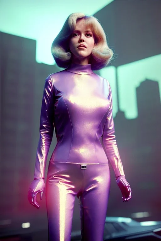 Ultra Realistic retro sci-fi portrait New York image from 1960, many spaceships, sweet young Jane Fonda, tight latex suit, weapon, fighting stance, soft color, highly detailed, unreal engine 5, ray tracing, RTX, lumen lighting, ultra detail, volumetric lighting, 3d, finely drawn, high definition, high resolution.