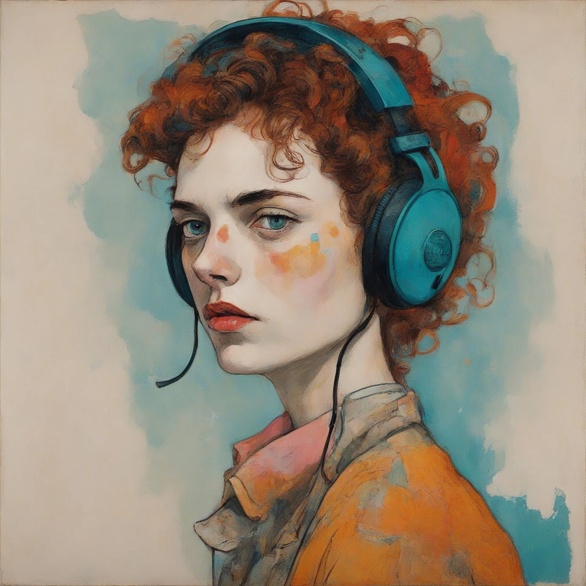 Egon schiele painting of a grunge woman, with freckles, , headphones orange, pink, turquoise, yellow colors