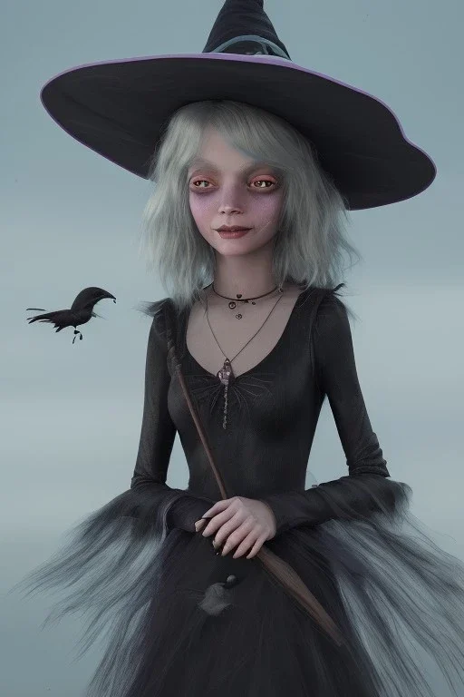 Friendly witch, playing with crows, perfect eyes, pastel colour, style Elisabeth Kreitz