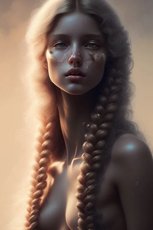 70s porno model , cute, beautiful, angelic face with minimal blemishes, long flowing hair, wavy hair, curly hair، black eyes, head and shoulders portrait, cinematic, 8k, resolution concept art portrait by Greg Rutkowski, Artgerm, WLOP, Alphonse Mucha dynamic lighting hyperdetailed intricately detailed