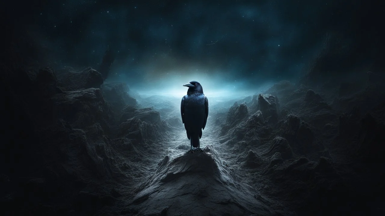 Crow in a space, at the end of the time, hyper realistic