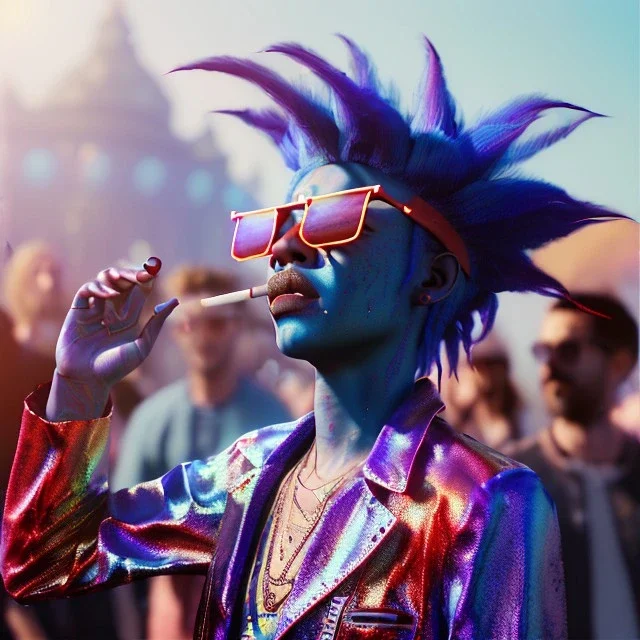 Ultra Realistic photo, medium shot view, drunken dancer women, carnival scene, monster hair, steampunk. Blue hair, confeti, Sunglasses, smoking, happy, festival, red fog. highly detailed, concept art, unreal engine 5, ray tracing, RTX, lumen lighting, ultra detail, volumetric lighting, 3d, finely drawn, high definition, high resolution.