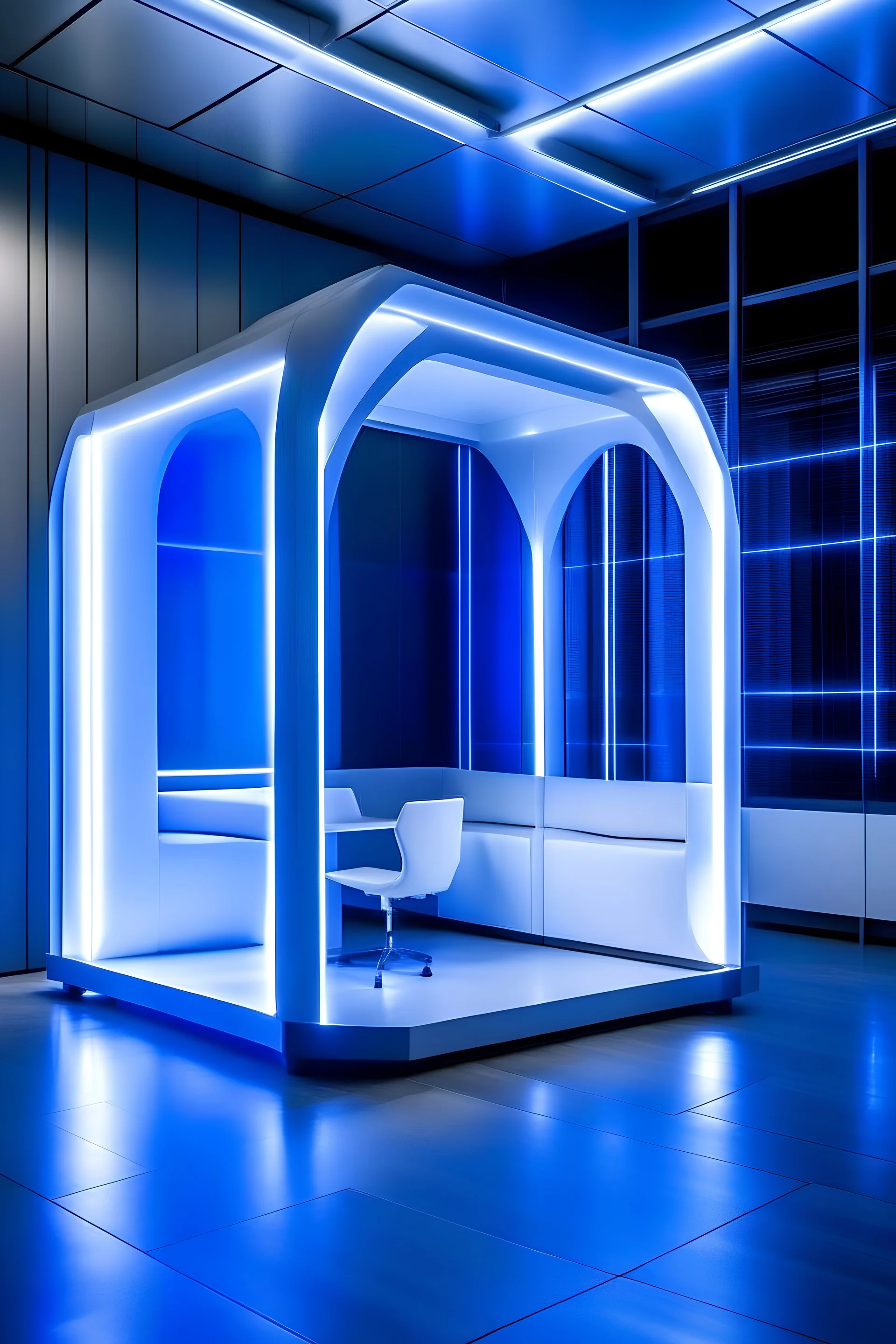 crea una cabina portátil por dentro de color blanca con ventanas transparentes y luces led de color azules en el techo que ambienten la cabina, dentro de la cabina abra solo 1 silla con un grado de inclinación de 45 grados