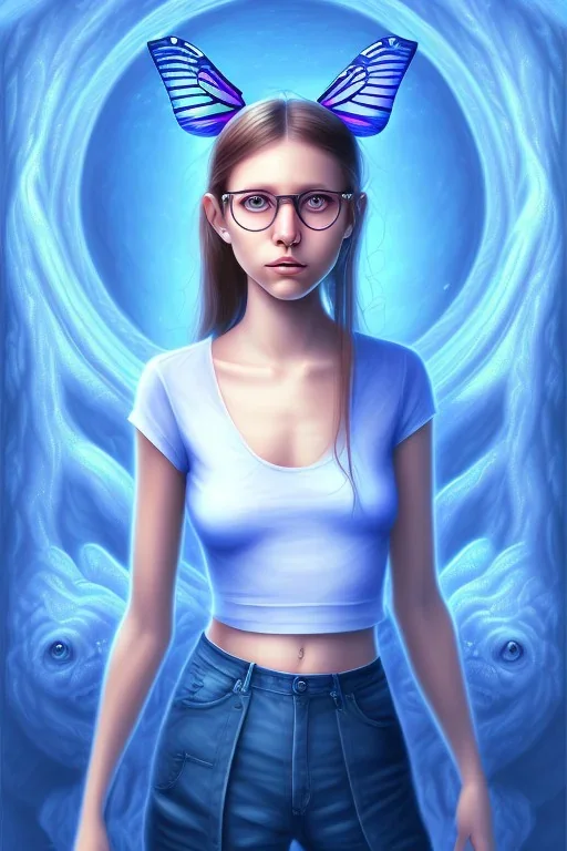 Dibujo escena de una mariposa de los abismos en el fondo, aparece una adolescente con gafas y un perrete azul. full body