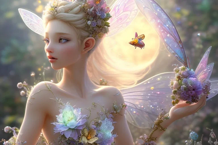 one very little beautiful fairy on a big crystal subtle flower in a galactic ambiance, transparent petals, delicate colors, in the foreground, full of details, smooth, bright sunshine，soft light atmosphere, light effect，vaporwave colorful, concept art, smooth, extremely sharp detail, finely tuned detail, ultra high definition, 8 k, unreal engine 5, ultra sharp focus