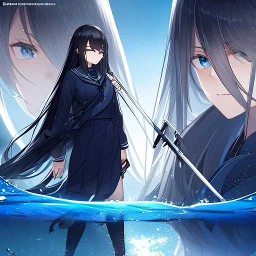 Clear focus,8k,Beatiful Lighting,Beatiful Blur,Beatiful Face,Beatiful Shading,Black long hair,silky hair, long silky bangs, dark blue eyes, wearing a sailor uniform outfit, Hair in eyes, lot of hair, Holding a katana, Ready to fight, Controlling water