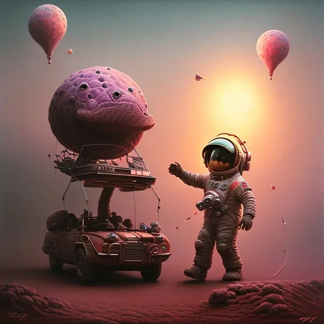 1yo little boy is on safari on the moon. riding a pink dinosaur. he has big and a funny hat. High detailed. Cinematic. oil on canvas painting. Warm lights. beksinski