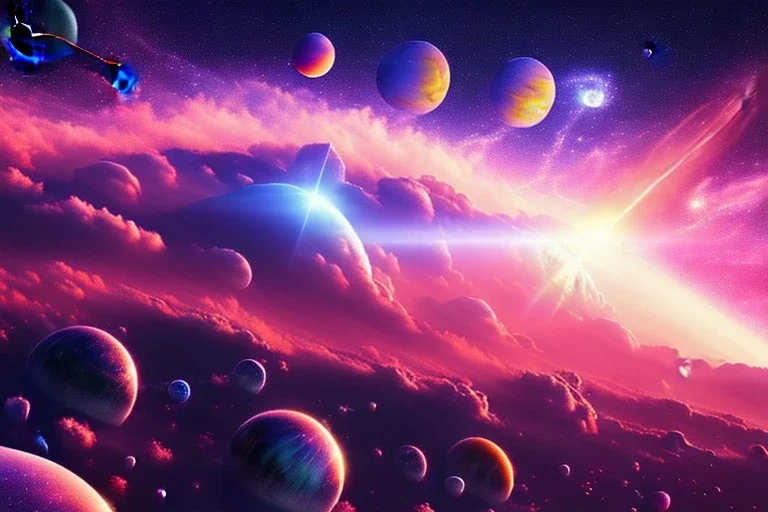 cosmos, planets, ufo, sky stars, sky blue pink, light