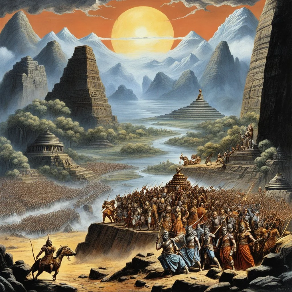 [art by Ray Harryhausen] the landscape of Mahabharata, the celestial battle of symbols and faith