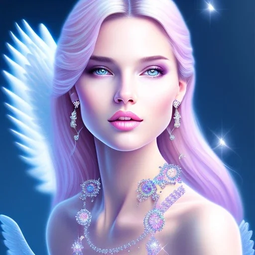 portrait of a beautiful woman with an angel face smiling, pink and blue dress, jewels, soft light aura