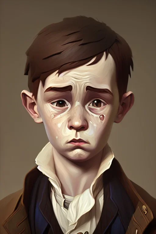 old oil painting of oliver twist boy crying, oil on face, 1800s clothes, realistic detail, factory in background