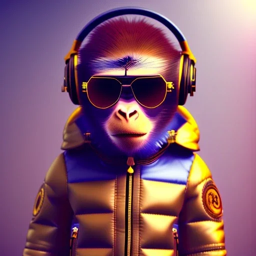 Monkey toddler, steampunk headphone, sunglass, gangsta neckless, full body, yellow puffer jacket, tokio background, dramatic lighting, hyper realistic, unreal engine 5, 16k