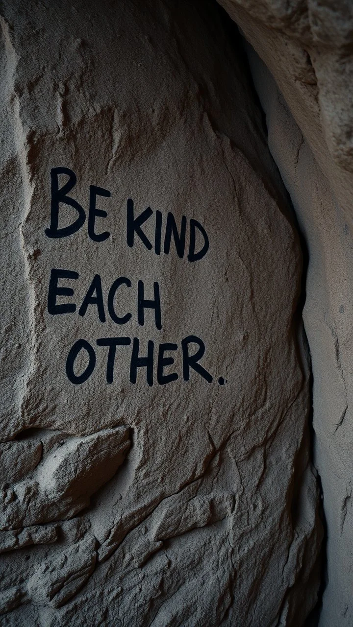 A hand writing On cave wall written “ BE KIND TO EACH OTHER “ an old man with bear and king hair died by the cave wall , a dim lighting great quality picture with primitive style