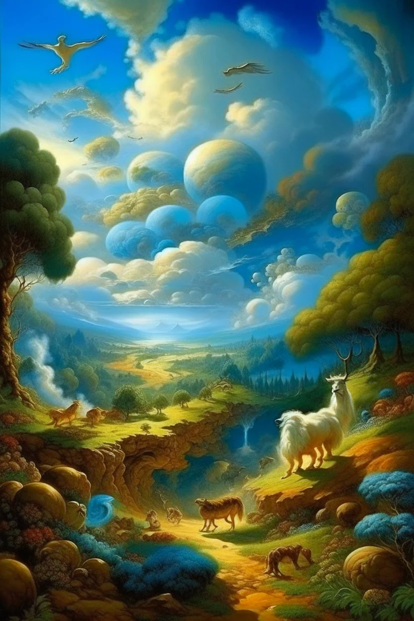 The creation of the world by God. In front of us is a valley with a beautiful landscape, where beautiful animals roam, beautiful birds fly in the sky, beautiful clouds and God in the clouds