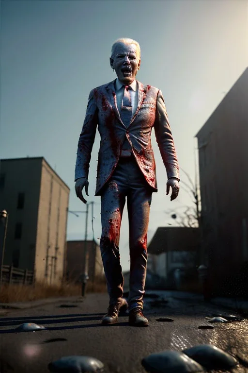 Ultra realistic image, joe biden zombie, zombie performance, blood, torn arm, night, walking twisted, waist up view, dark ambient, highly detailed, sky background, concept art, unreal engine 5, god rays, ray tracing, RTX, lumen lighting, ultra detail, volumetric lighting, 3d, finely drawn, high definition, high resolution.